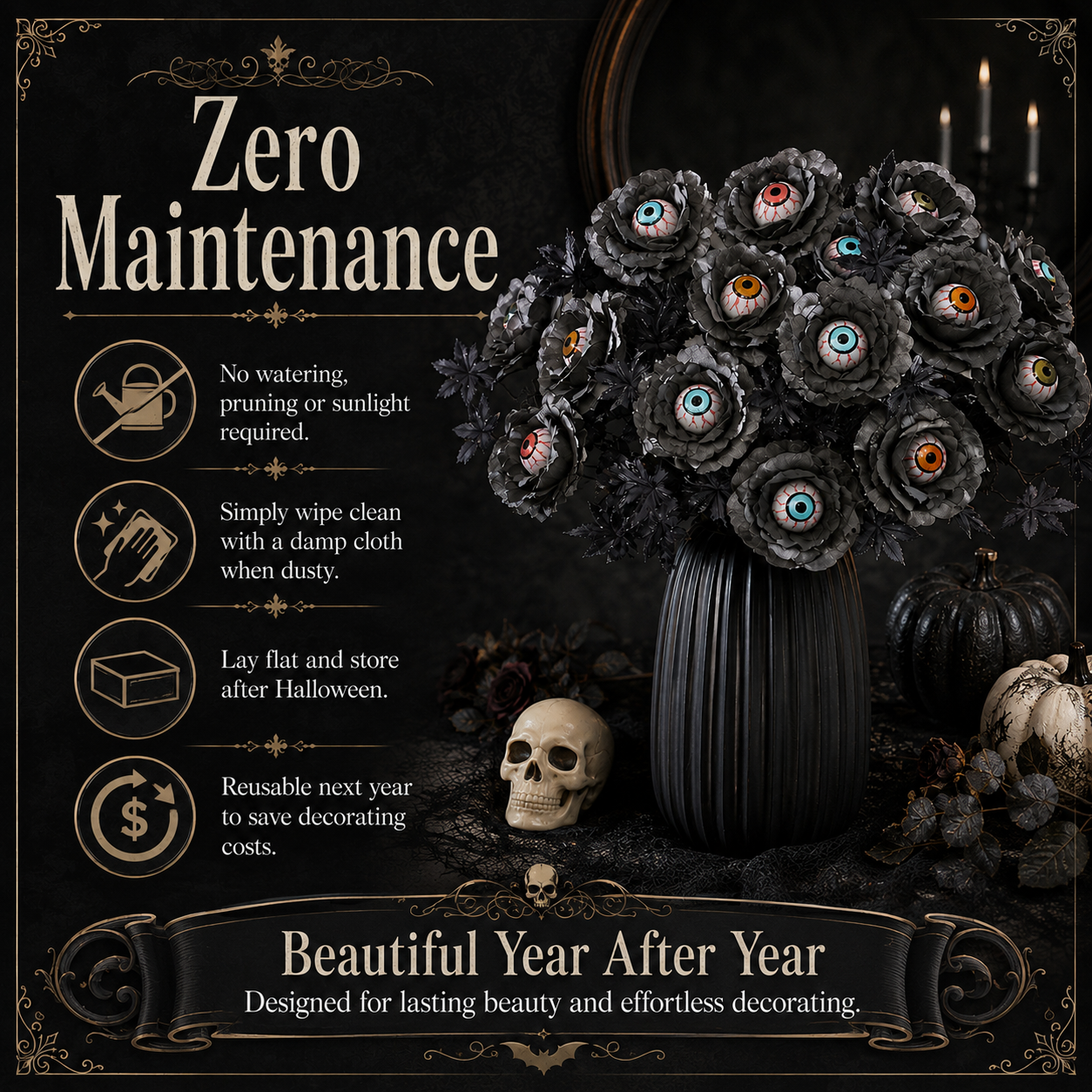 👁️Halloween Eyeball Black Rose Bouquet, Spooky Artificial Flower Arrangement, Gothic Halloween Table Decor