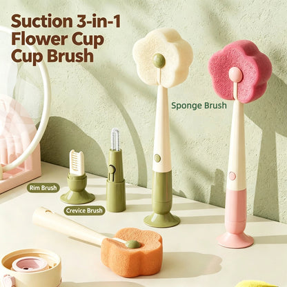 🌸 Long-Handle Flower Dish Brush – 3-in-1 Detachable Set for Cups, Bottles & Nipples