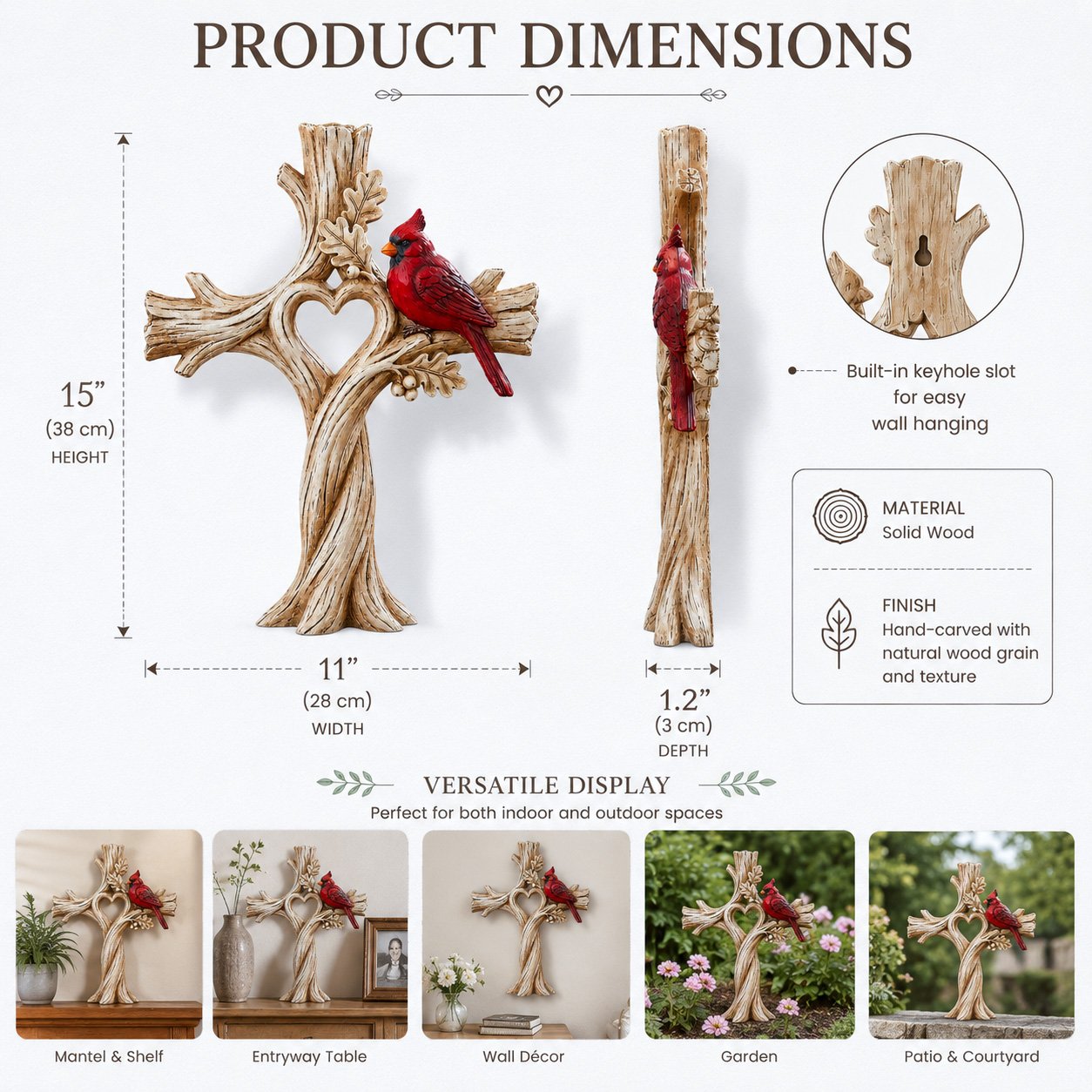Cardinal Heart Tree Cross – Hand-Carved Solid Wood Decor