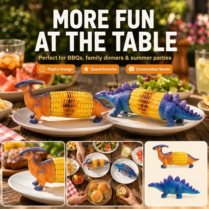 Dinosaur Corn Holders for Corn On The Cob - Funny Corn Cob Holder for Kids and Adults with Stainless Steel Prongs