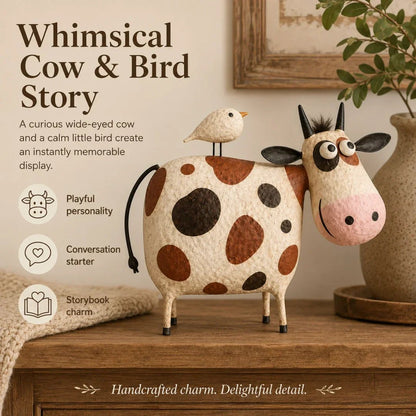 🔥Whimsical Cow & Bird Folk Art Figurine – Rustic Farmhouse Tabletop Decor Gift
