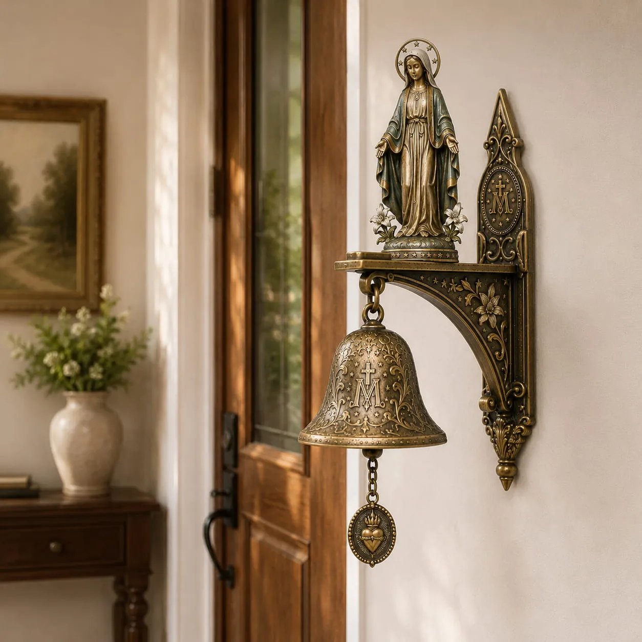 ✨ Our Lady of Grace Bronze Miraculous Medal Wall Bell | 🙏Catholic Religious Home & Garden Decor"