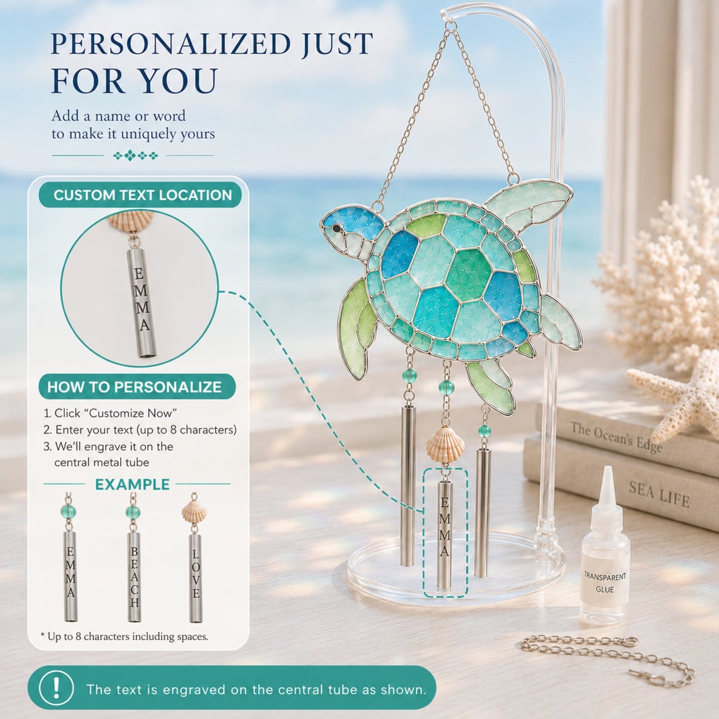 Personalized Coastal Glow Sea Glass Suncatcher Wind Chime Kit Collection, Home Decor, Birthday Gift for Ocean Lovers