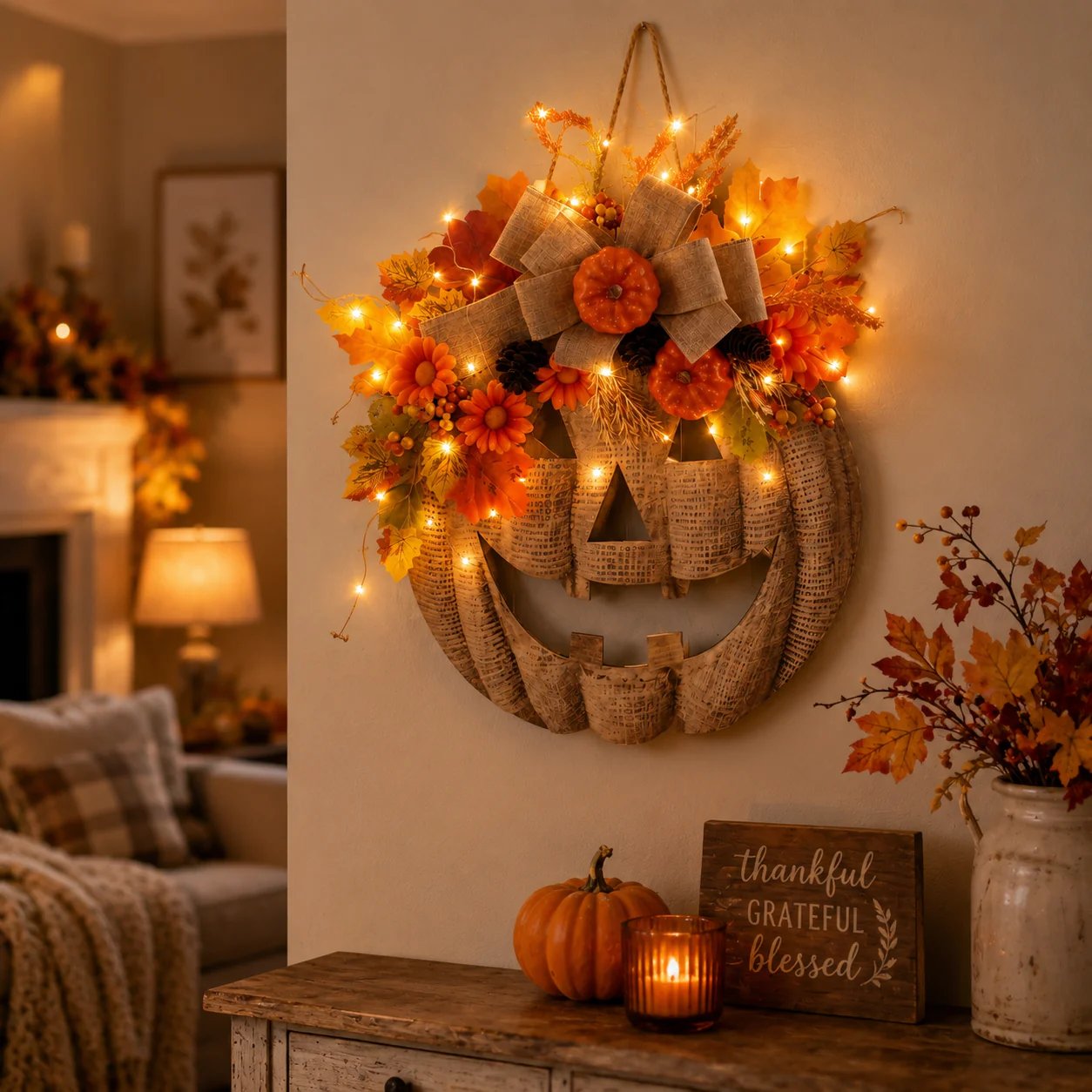 ⚡Hot Sales 49% OFF🎃✨ Lighted Burlap Pumpkin Wreath