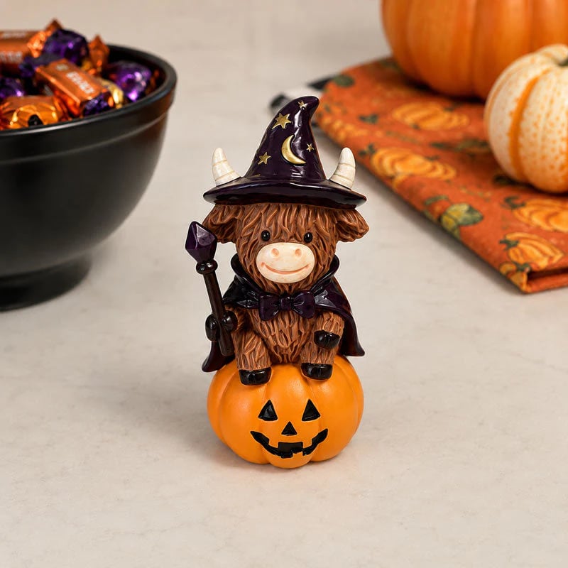 🔥Last Day 50% OFF 🐮Halloween Highland Cow Witch Ornament – Spooky-Cute Tabletop Decor for Mantel, Shelf & Candy Station