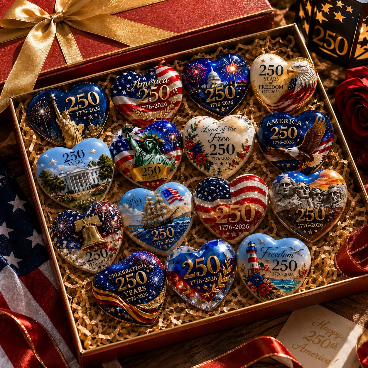 🇺🇸 America 250th Anniversary Commemorative Heart Ornament Collection | 15-Piece Patriotic Keepsake Set🎁Buy 2 Free Shipping