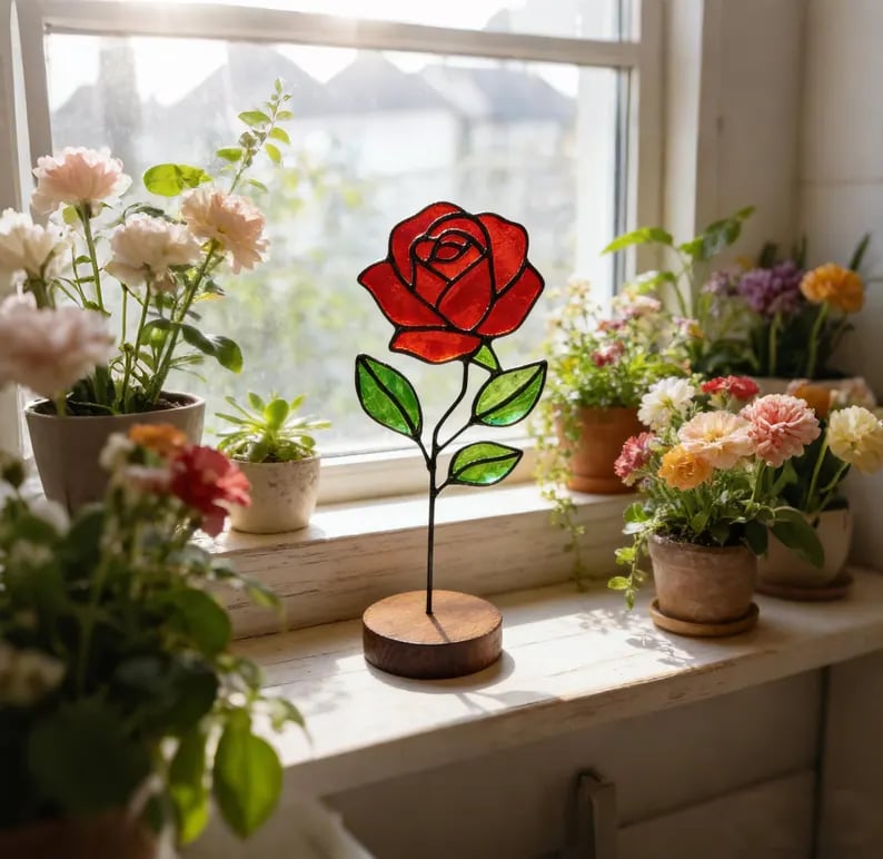 🌸Handmade Stained Glass Flower Freestanding Window Decor