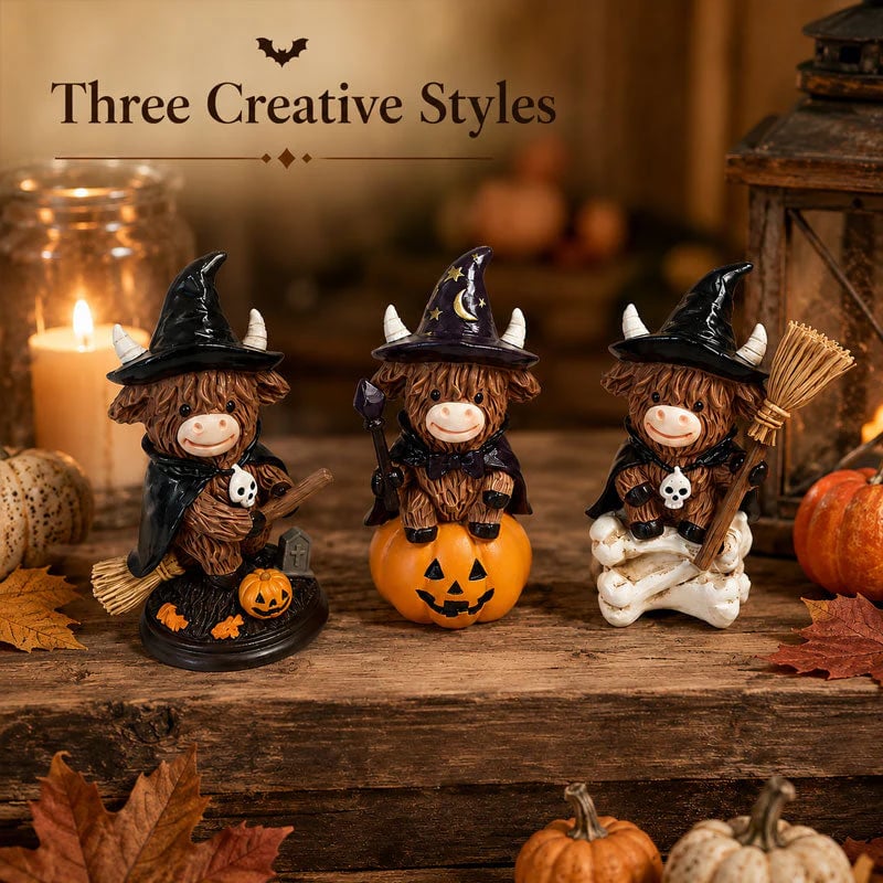 🔥Last Day 50% OFF 🐮Halloween Highland Cow Witch Ornament – Spooky-Cute Tabletop Decor for Mantel, Shelf & Candy Station
