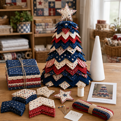 🔥Last Day 50% OFF - 🇺🇸 Americana Christmas Tree Quilt Kit | All-in-One Christmas Quilting Craft Kit