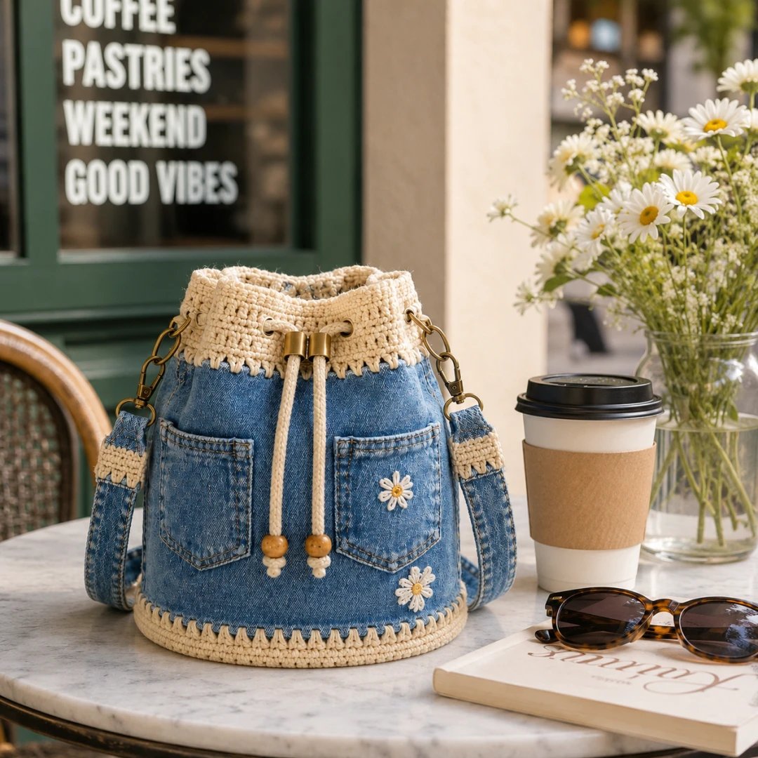 🔥HOT SALE 50% OFF✨👜Denim Crochet Bucket Bag