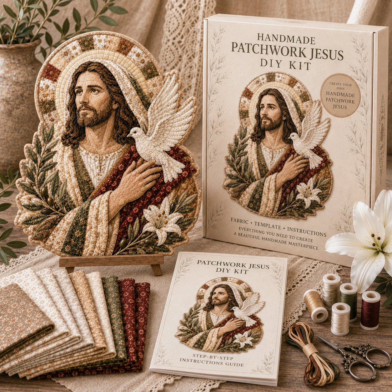 ✝️🧵 Premium Handmade Patchwork Jesus DIY Kit | High-Quality Layered Fabric with Stitched Details DIY Handmade Devotional Decor 🕊️✨