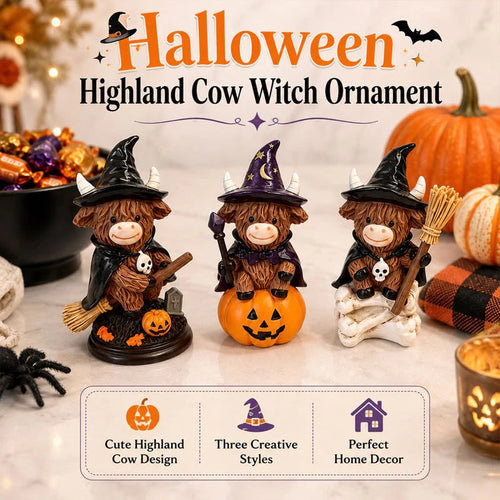 🔥Last Day 50% OFF 🐮Halloween Highland Cow Witch Ornament – Spooky-Cute Tabletop Decor for Mantel, Shelf & Candy Station