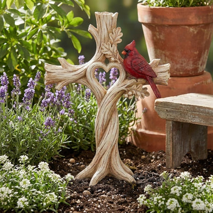 Cardinal Heart Tree Cross – Hand-Carved Solid Wood Decor