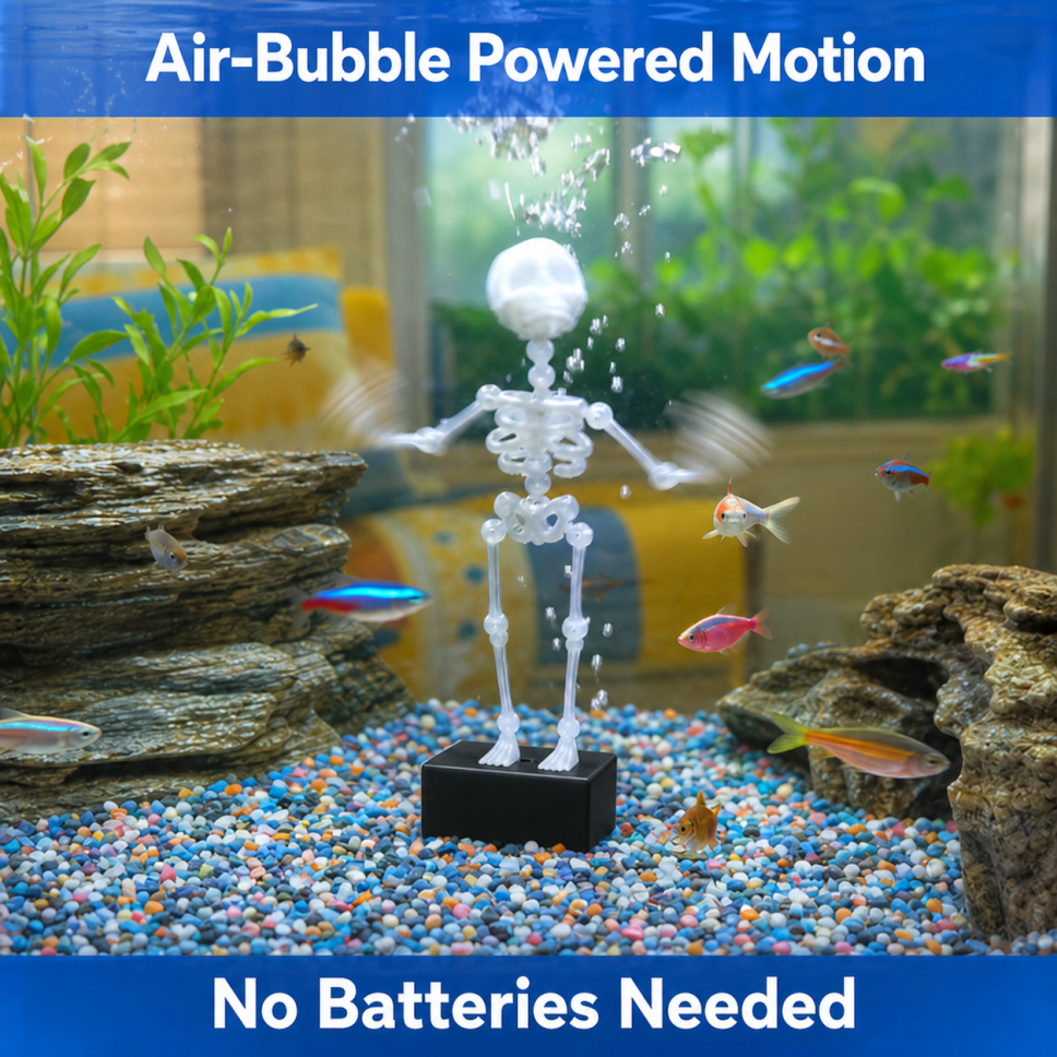 💀Action Skeleton Aquarium Ornament — Air-Driven Moving Skeleton Fish Tank Bubbler Decoration for Fresh & Saltwater Aquariums