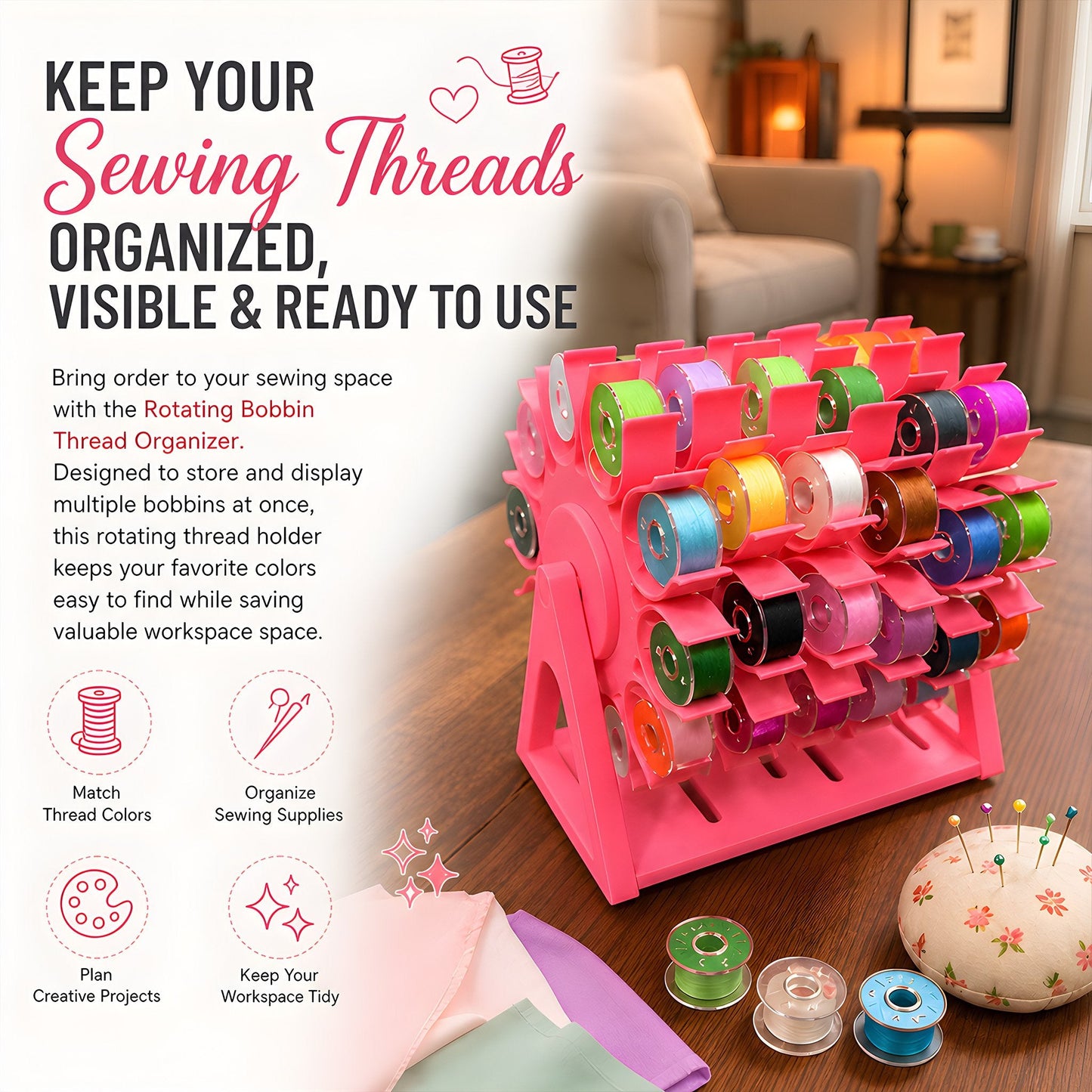 🔥 Last Day 49% OFF - 🧵 Rotating Bobbin Thread Organizer