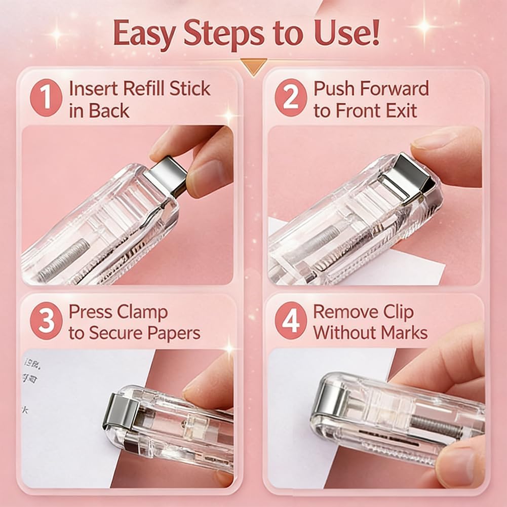 2 Pcs Portable Binder Clip Stapler, with 100 Pcs Small Binder Clips, Non-Destructive Paper Clam Dispenser for Office, Home, School