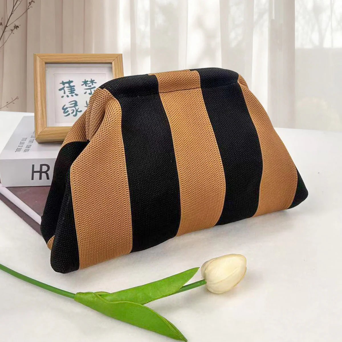 Women's Striped &amp; Diamond Dot Cloud Handbag – Lightweight Clip-Top Crossbody Bag for Everyday Style 👜
