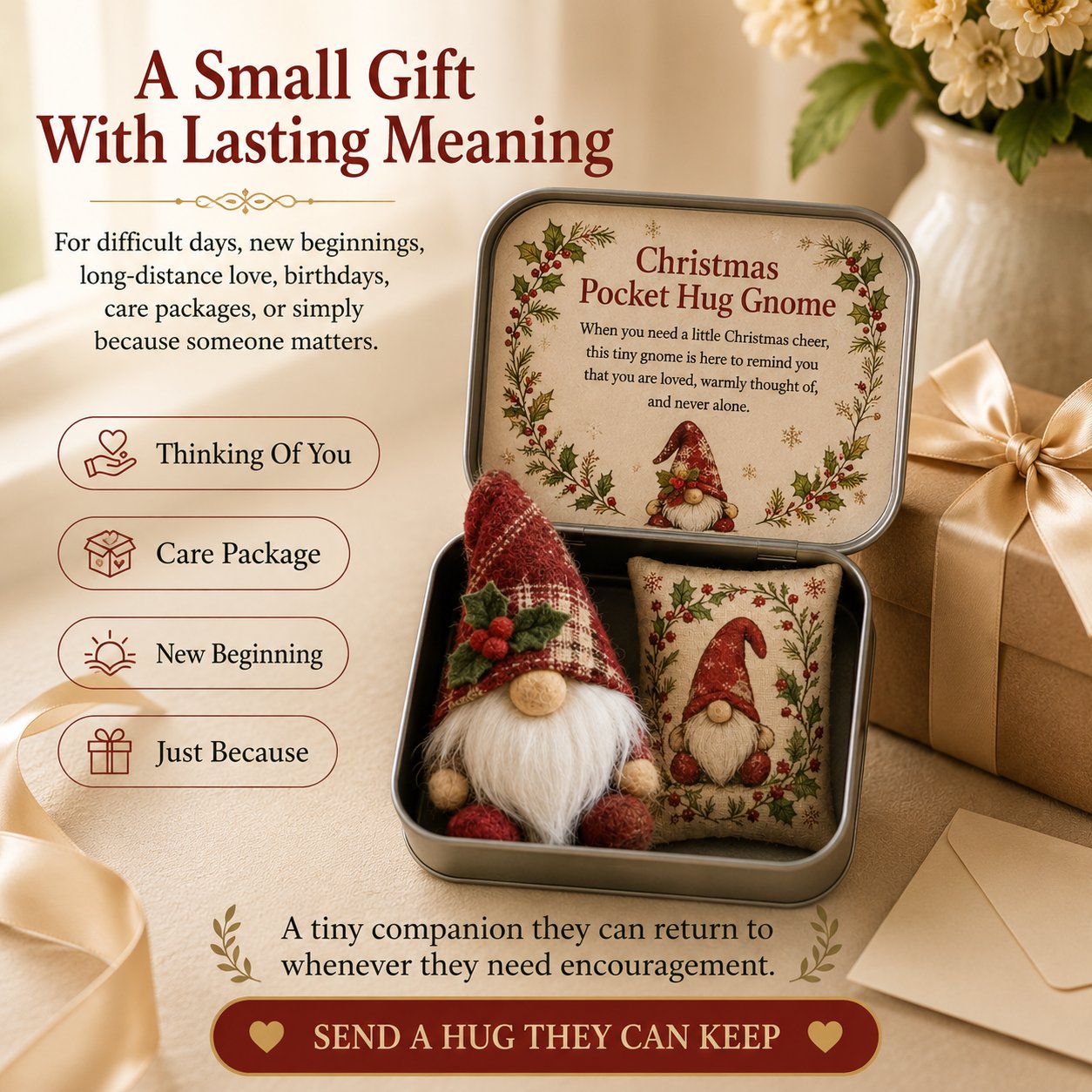 🔥 HOT SALE 49% OFF – 💌 Pocket Hug Gnome Comfort Gift Tin | Mini Plush Keepsake with Heartfelt Message, Matching Cushion & Protective Metal Case 🧸✨