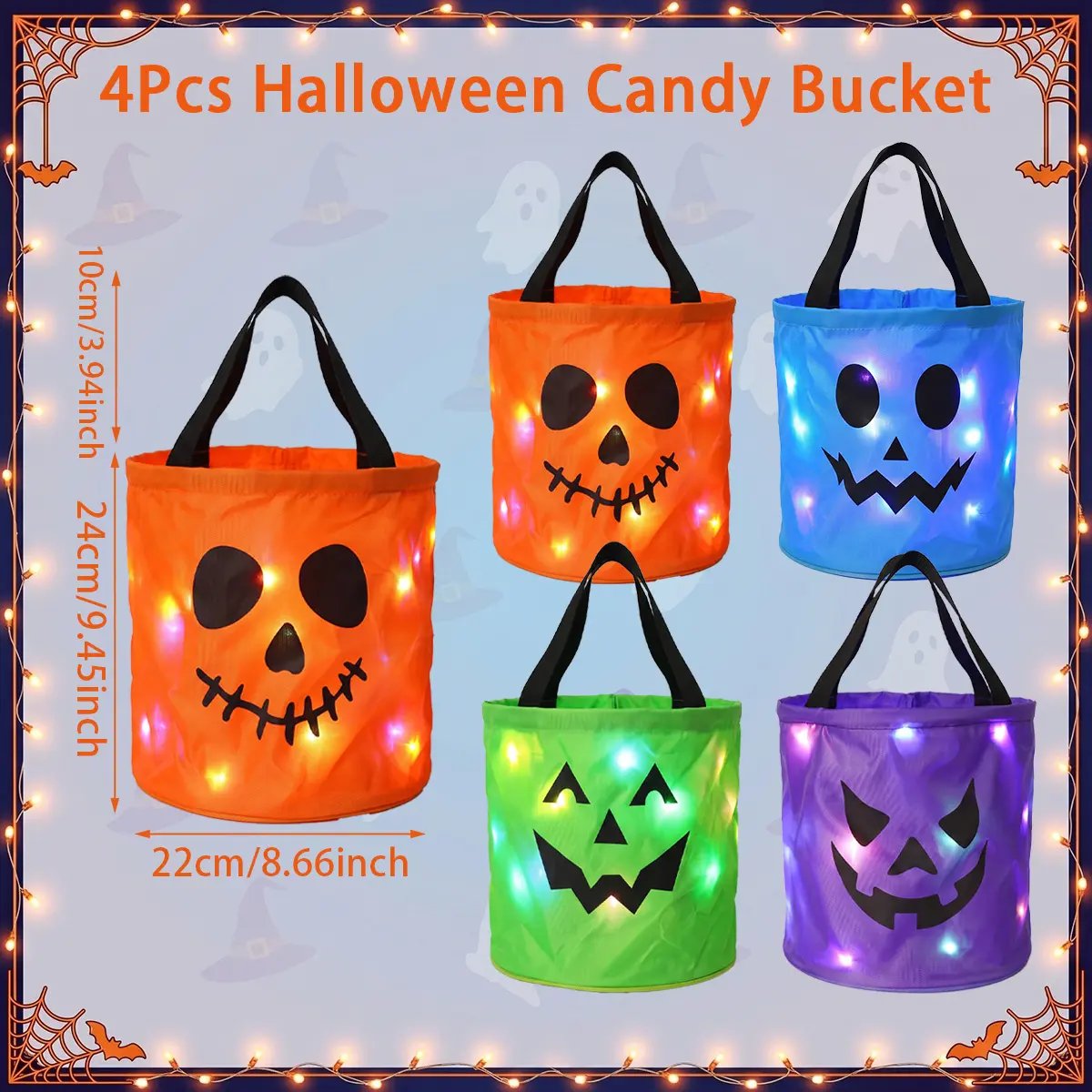 👻 Glow-in-the-Dark Halloween LED Candy Basket  Bags🎃5 Pack Pumpkin Trick or Treat Bags with Glow Lights for Kids, Parties & Halloween Decorations