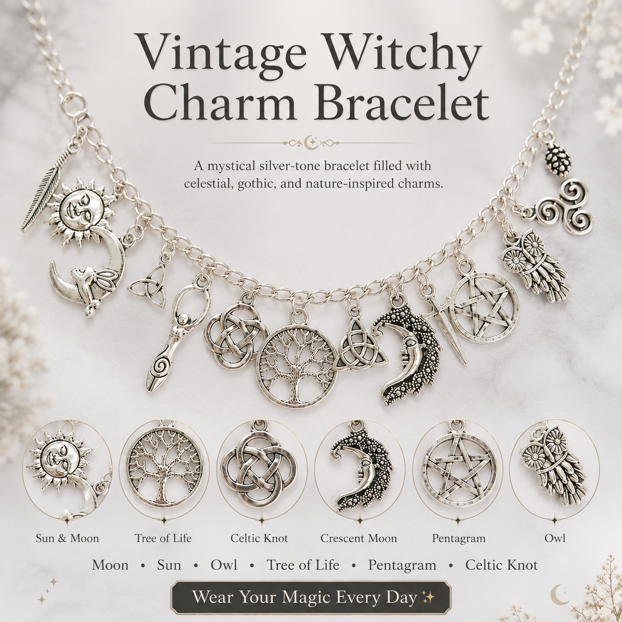 🔥Limited Time 60% Off✨Vintage Witchy Charm Bracelet-Wear Your Story. 7 Charms, 7 Meanings, One Bracelet.