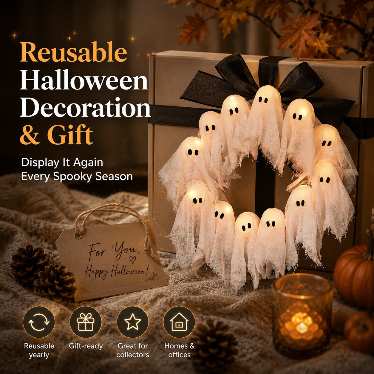 Light-Up Halloween Ghost Wreath