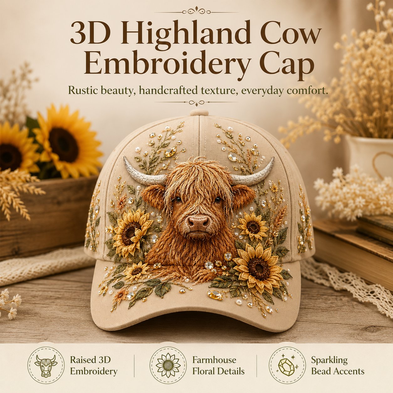 🔥LAST DAY 50% OFF - 🦬3D Highland Cow Embroidery Cap🧢(Breathable & Lightweight Comfort & Unisex Fit)