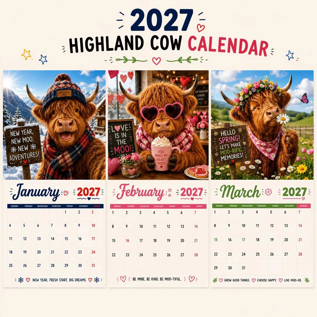 🤣🐂2027 Funny Highland Cow Wall Calendar | A4 Hanging Calendar