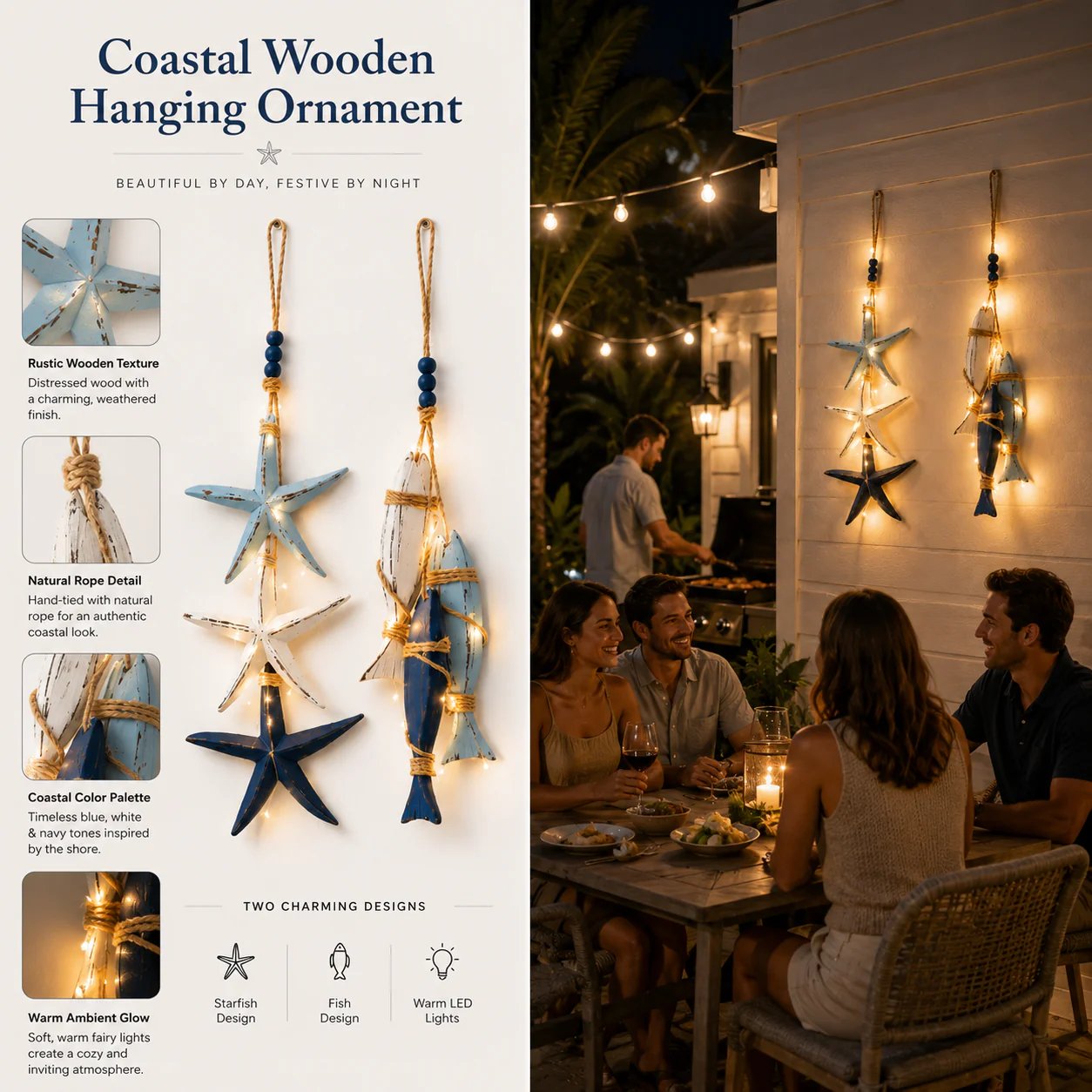 ⭐2026 HOT SALE🐟🌊Lighted Coastal Wooden Starfish & Fish Hanging Decor
