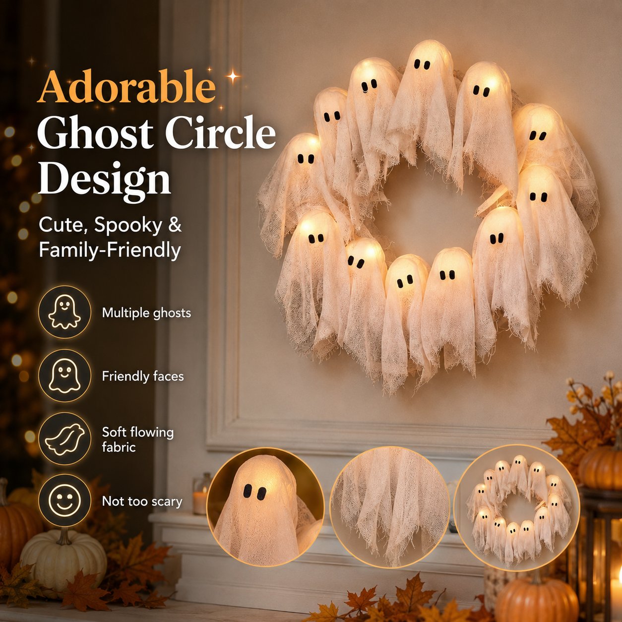 Light-Up Halloween Ghost Wreath