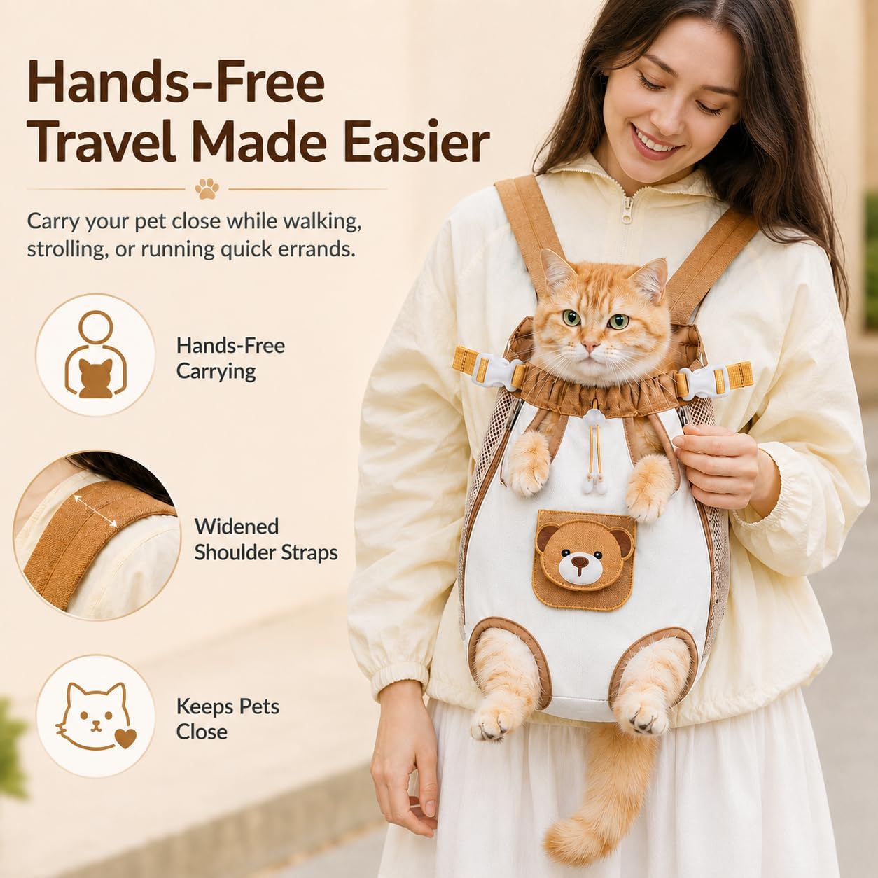 😻🐾Cute Bear Design Front Pet Carrier Backpack, Breathable Adjustable Hands-Free Travel Chest Bag for Cats Small Dogs Walking Shopping Vet Visits