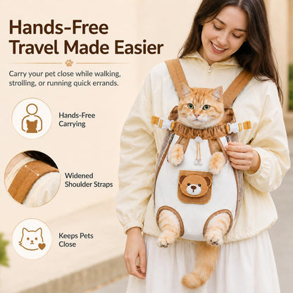 😻🐾Cute Bear Design Front Pet Carrier Backpack, Breathable Adjustable Hands-Free Travel Chest Bag for Cats Small Dogs Walking Shopping Vet Visits