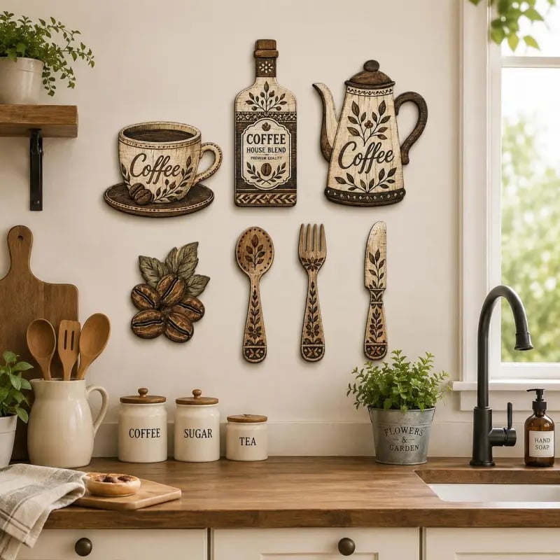 🔥7-Piece Wooden Coffee Kitchen Wall Decor Set – Vintage Farmhouse Coffee-Themed Wall Art