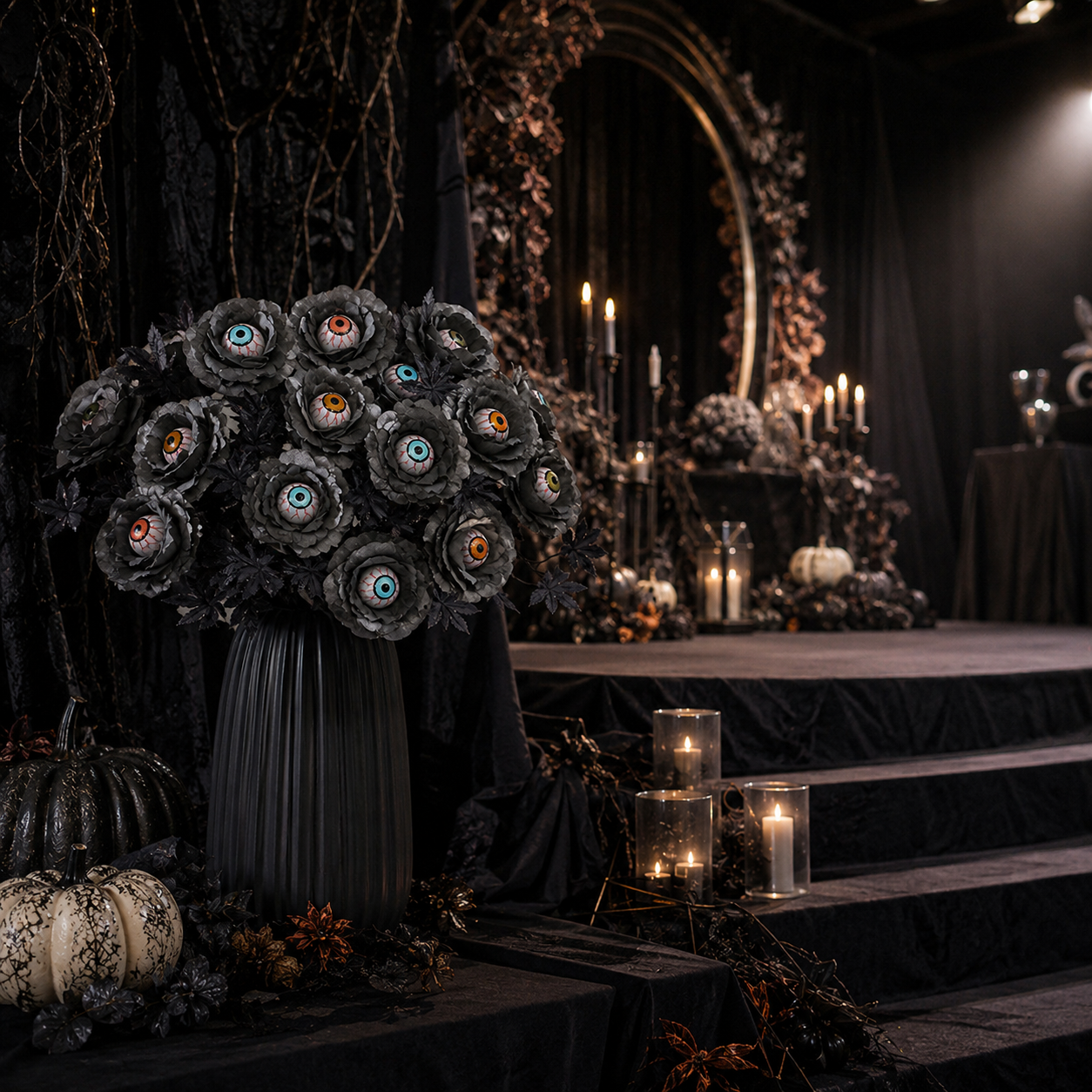 👁️Halloween Eyeball Black Rose Bouquet, Spooky Artificial Flower Arrangement, Gothic Halloween Table Decor