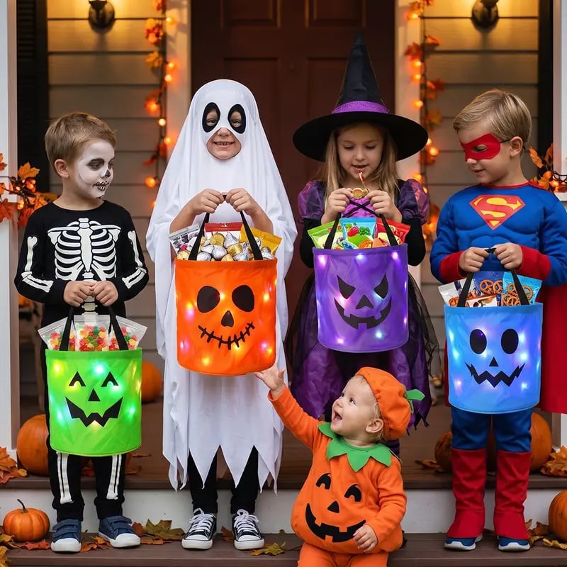 👻 Glow-in-the-Dark Halloween LED Candy Basket  Bags🎃5 Pack Pumpkin Trick or Treat Bags with Glow Lights for Kids, Parties & Halloween Decorations