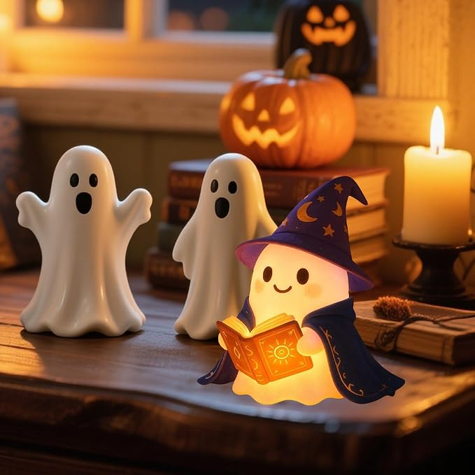 👻Wizard Reading Ghost LED Night Light Resin Cute Desk Lamp Portable Hallowee