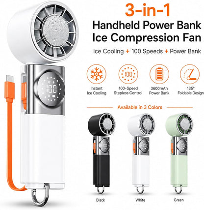 ❄️ 3-in-1 Foldable Ice Cooling Handheld Fan | Portable Fan with Built-in 3600mAh Power Bank