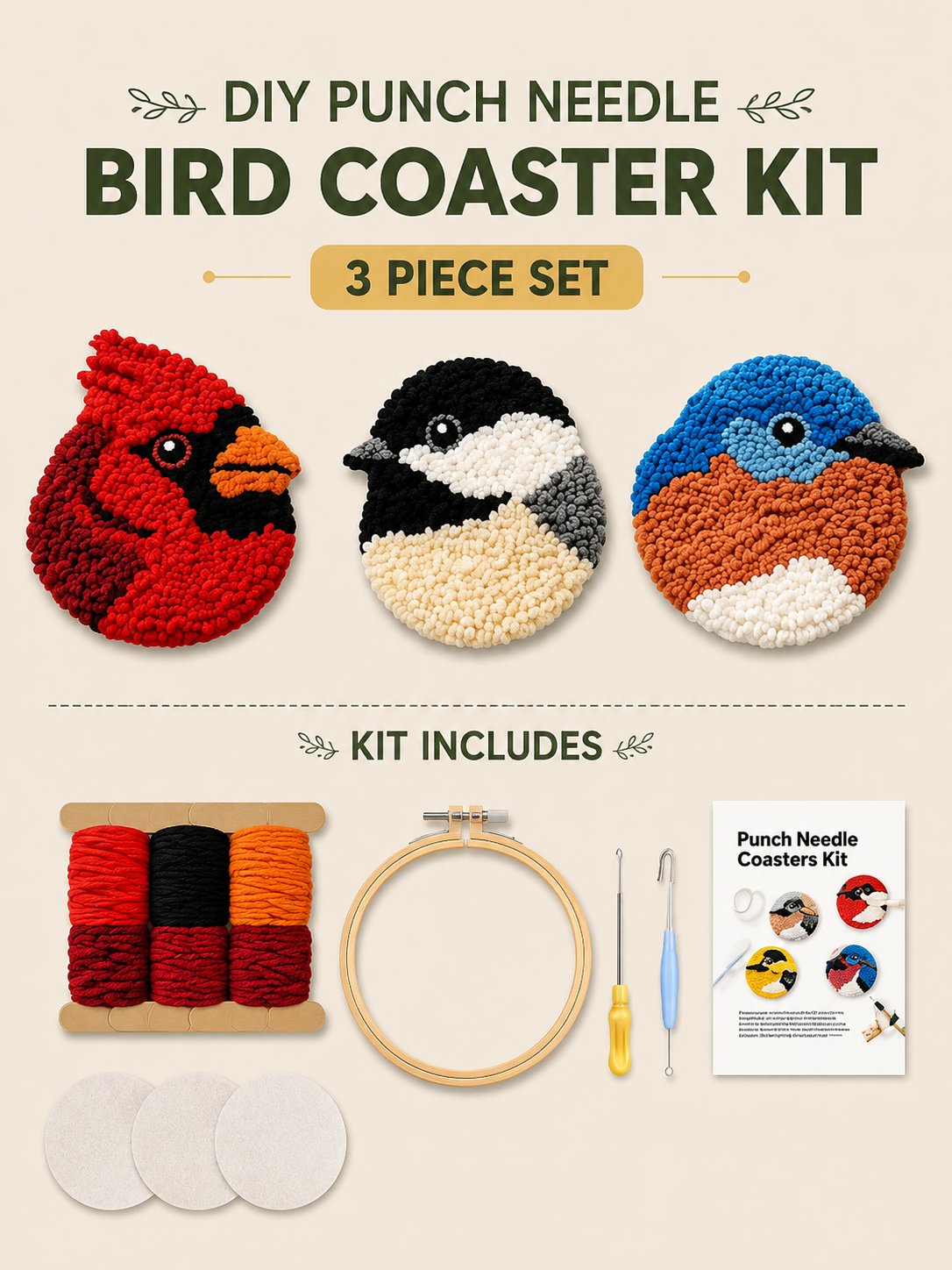 🧵Beginner-Friendly🐦DIY Bird Coasters Punch Needle Kit☕(Quick-Dry, Moisture-Proof & Easy-Clean)