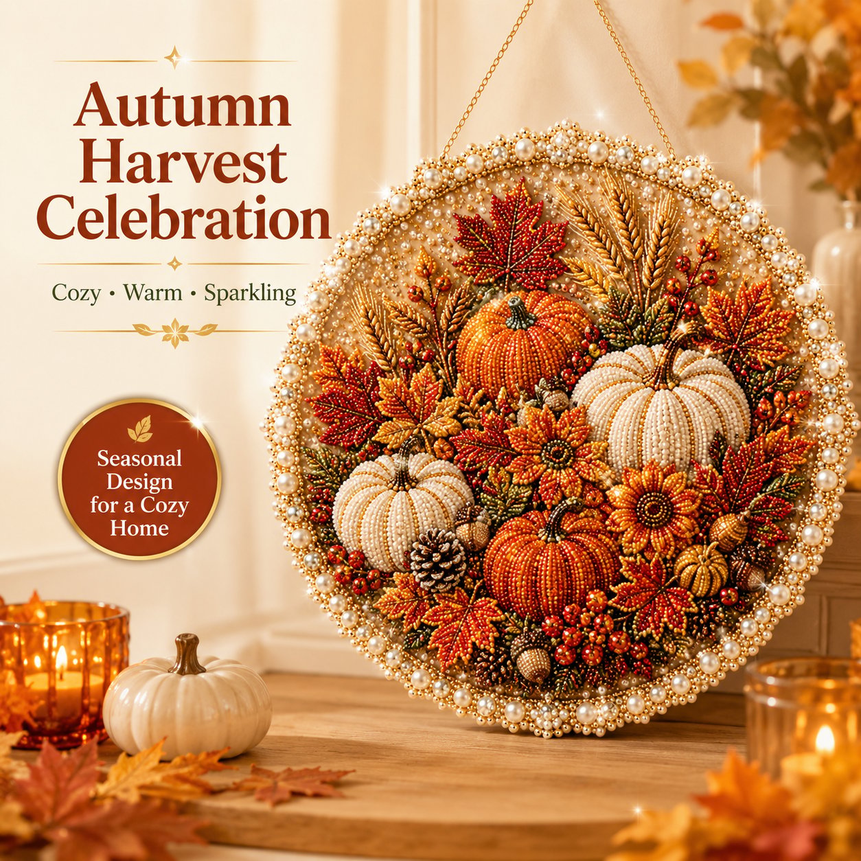 ✨ Four Seasons & Holiday Pearl Art Hanging Wreath Kit | Luxury Flocked Canvas with Scratch-Resistant Non-Fading Pearl Beads DIY Handmade Seasonal Decor 💎