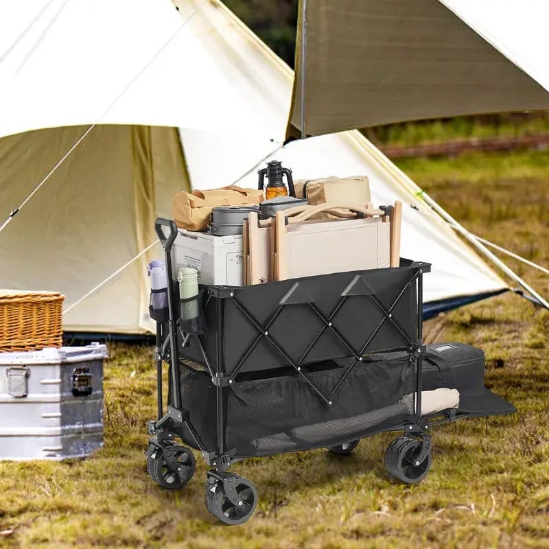 【Summerfinds】 DeckWagon Foldable Double Decker Wagon Collapsible Wagon Cart with All-Terrain WheelsHeavy Duty Folding Wagon Cart for CampingShoppingGarden52" Extra Long Extender