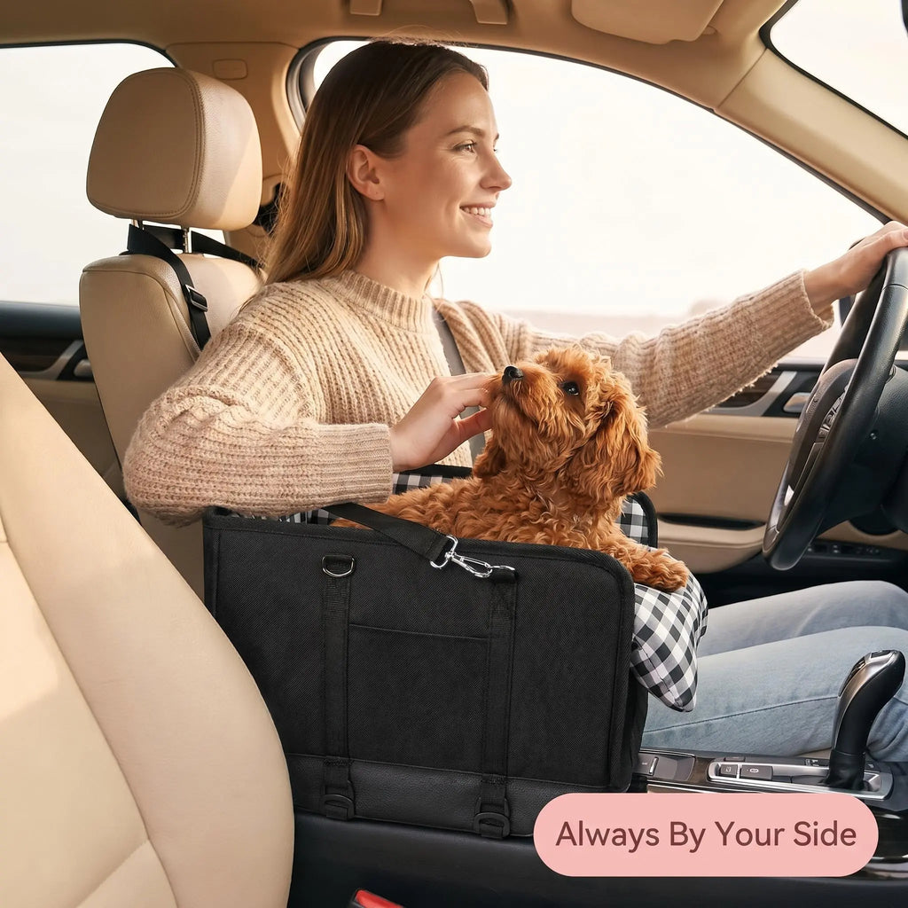 Center Console Dog Car Seat for Small Dogs & Cats with Safety Leash & Cushion