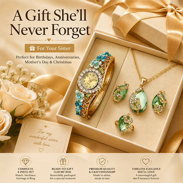 Elegant Floral Crystal Watch & Matching Jewelry Set for Women
