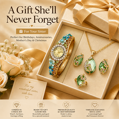 Elegant Floral Crystal Watch & Matching Jewelry Set for Women