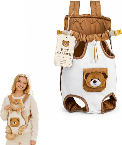 😻🐾Cute Bear Design Front Pet Carrier Backpack, Breathable Adjustable Hands-Free Travel Chest Bag for Cats Small Dogs Walking Shopping Vet Visits