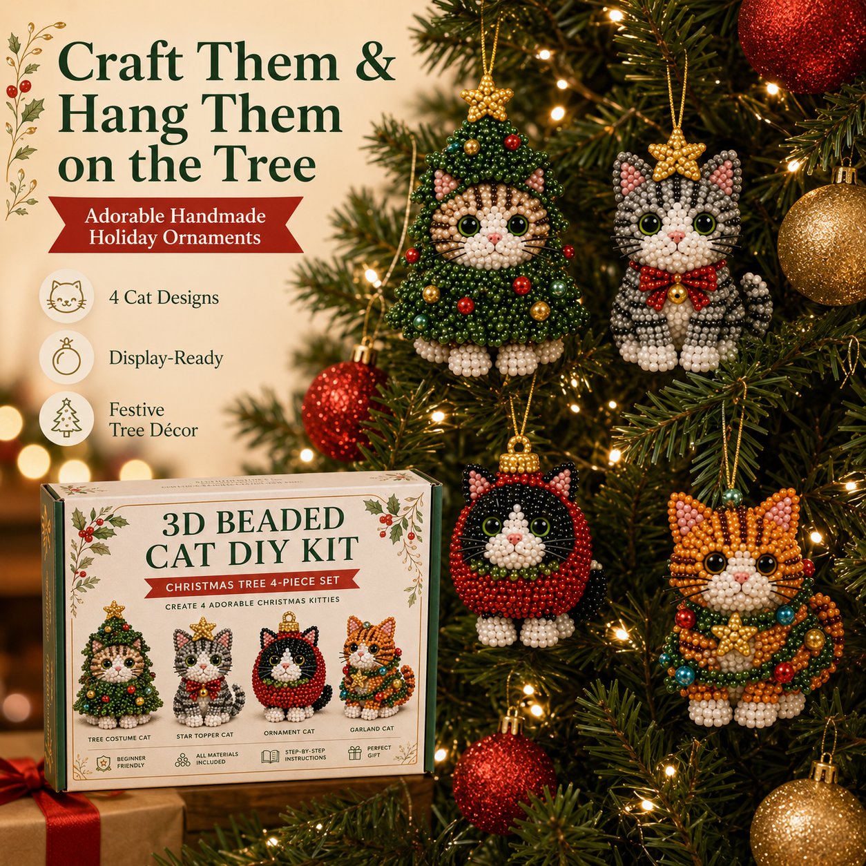 🔥🎁Create Your Own 3D Beaded Christmas Cats | Beginner-Friendly DIY Kit🎁