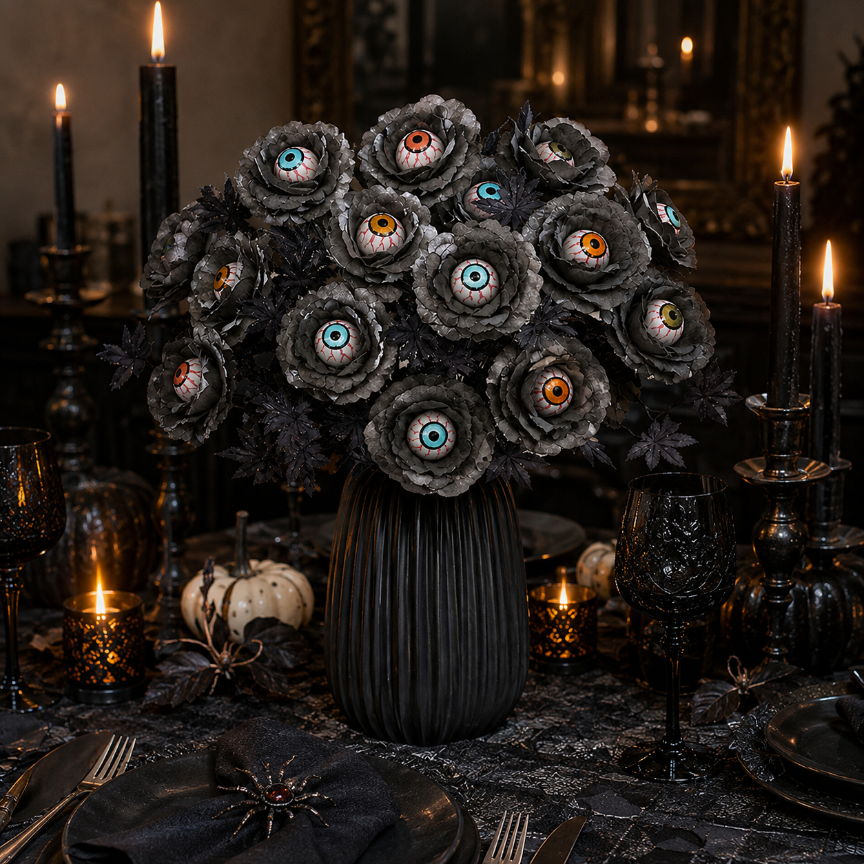 👁️Halloween Eyeball Black Rose Bouquet, Spooky Artificial Flower Arrangement, Gothic Halloween Table Decor