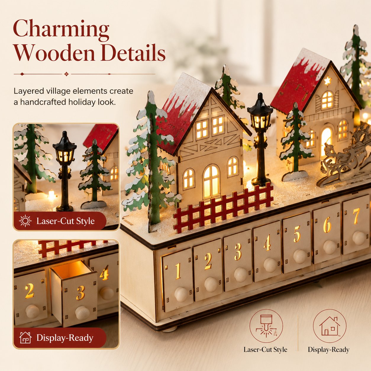 Wooden Village Advent Calendar With Led Glow
