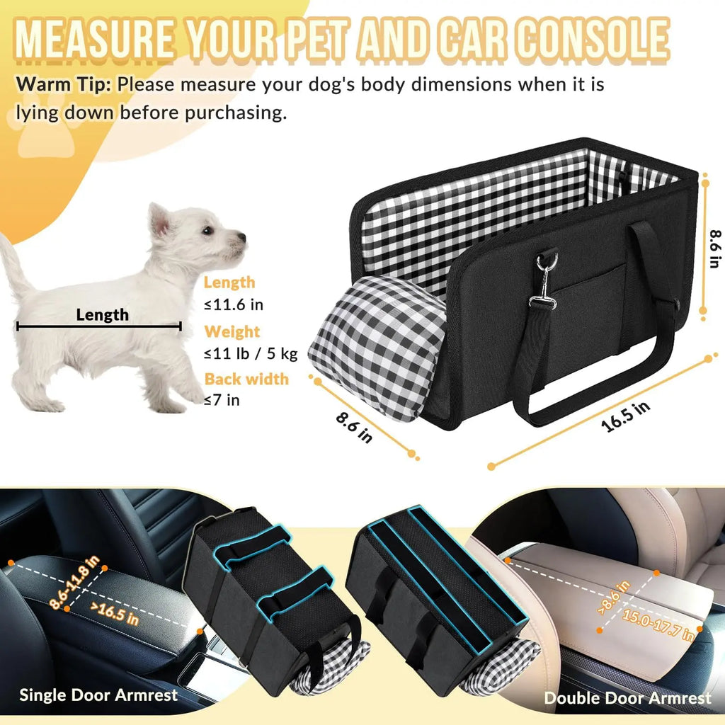 Center Console Dog Car Seat for Small Dogs & Cats with Safety Leash & Cushion