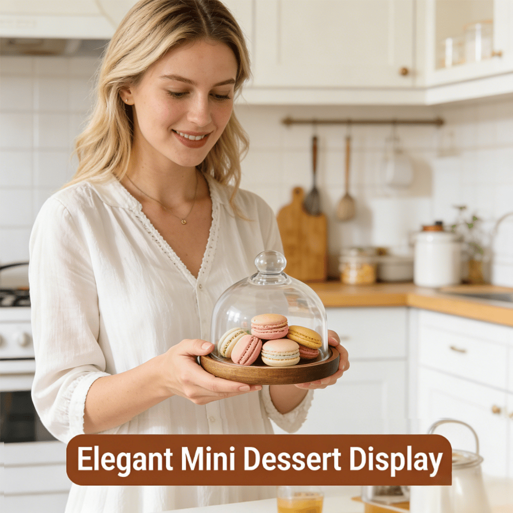 🍰 Mini Glass Dessert Dome with Wooden Base