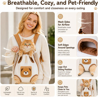 😻🐾Cute Bear Design Front Pet Carrier Backpack, Breathable Adjustable Hands-Free Travel Chest Bag for Cats Small Dogs Walking Shopping Vet Visits