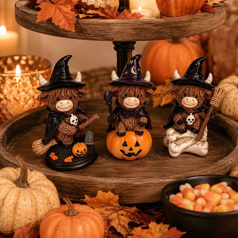 🔥Last Day 50% OFF 🐮Halloween Highland Cow Witch Ornament – Spooky-Cute Tabletop Decor for Mantel, Shelf & Candy Station